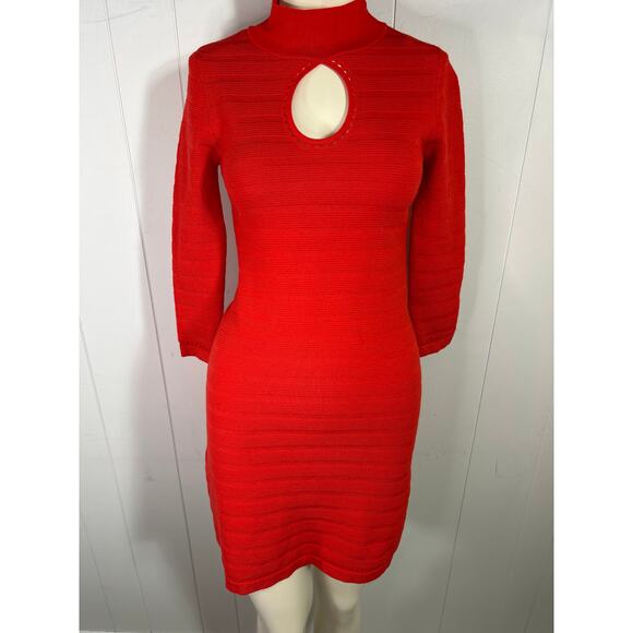 Guess women’s red bodycon sweater dress with mock neck and keyhole cutout Size S - Picture 4 of 10